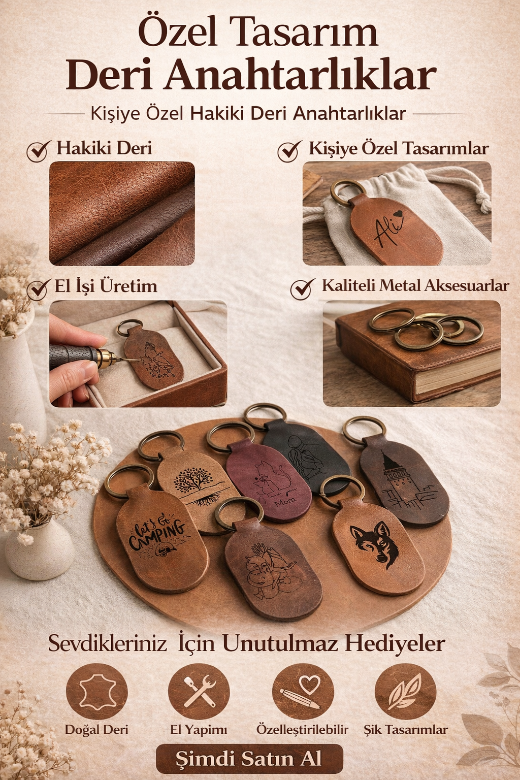 ANATOLIA LEATHER - Hakiki Deri El Yapımı Minimalist Anahtarlık