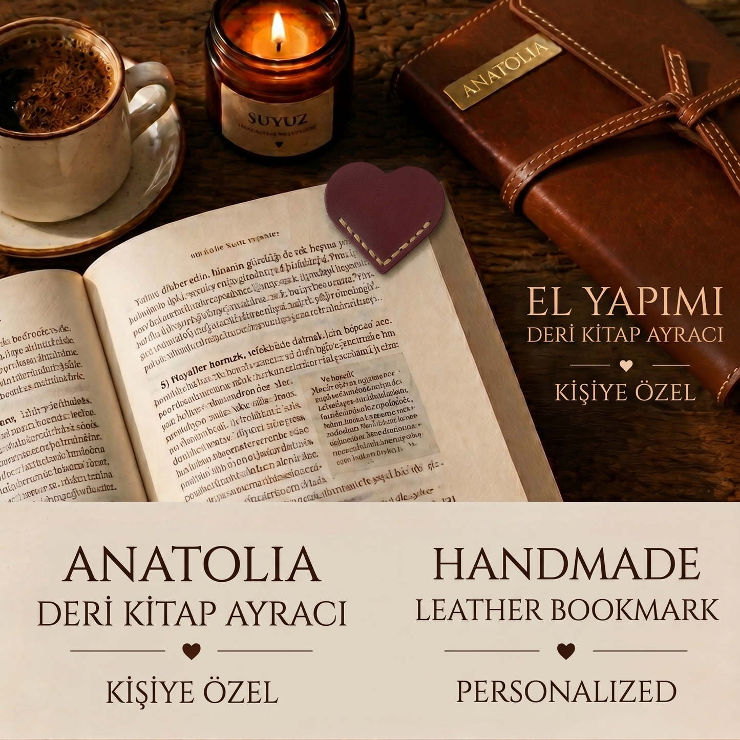 Anatolia Leather - Hakiki Deri Kalp Kitap Ayracı - El Yapımı Kitap Ayracı