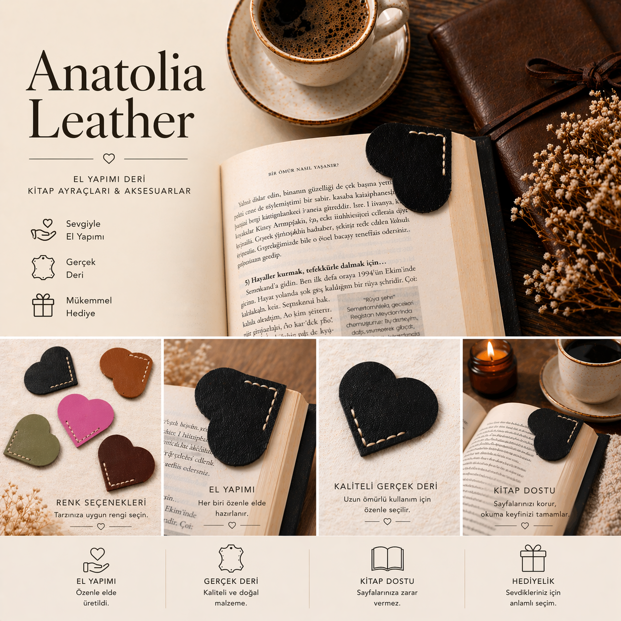 Anatolia Leather - Hakiki Deri Kalp Kitap Ayracı - El Yapımı Kitap Ayracı